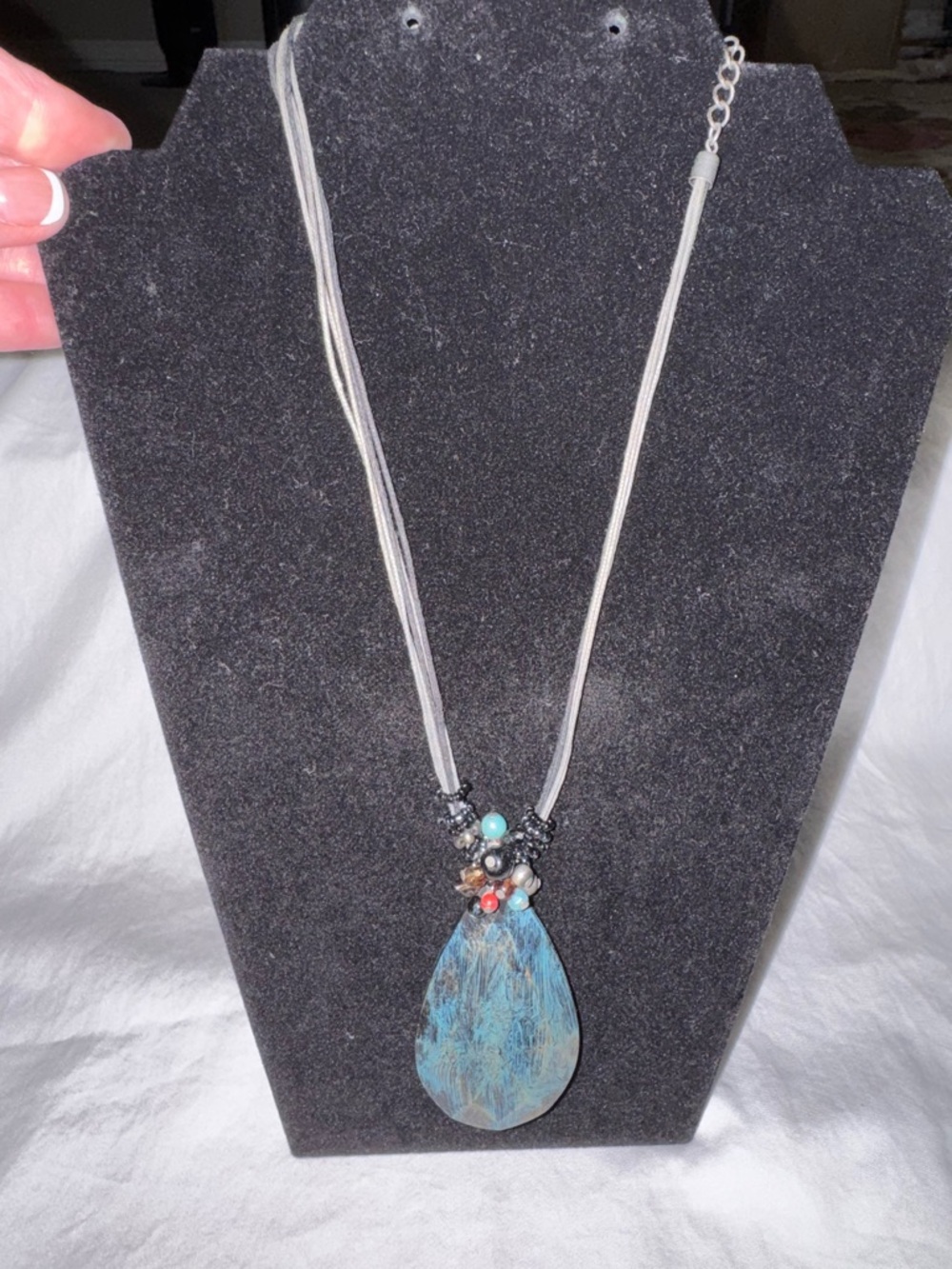 Semiprecious Blue Stone Teardrop Pendant Necklace - Multi-Strand Boho